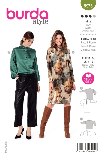 Kleid + Bluse mit interessantem Schluppenkragen | BURDA | Gr: 34-44 | Level: 3