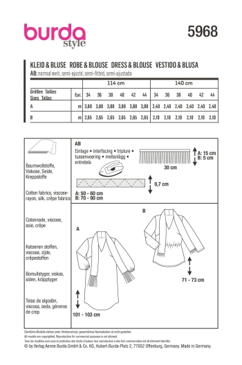 Kleid  + Bluse mit V-Ausschnitt und Schal | BURDA | Gr: 34-44 | Level: 2