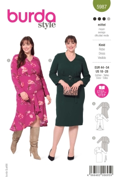 Kleid mit V-Ausschnitt und schmalen Ärmeln | BURDA | Gr: 44-54 | Level: 3