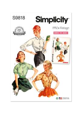 Simplicity Schnittmuster Damen Vintage 50er-Jahre-Blusen mit Raglanärmeln #9818.R5 Gr. Gr. 40-48