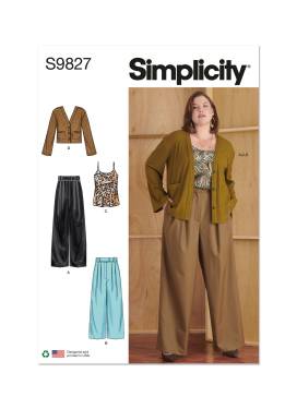 Simplicity Schnittmuster-Set Damen weite Bundfaltenhosen, Top + kurze Strickjacke #9827.W2 Gr. 46-54