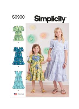 Simplicity Schnittmuster-Set Mädchen Hemdblusenrüschenkleider mit V-Ausschnitt #9900.HH Gr. 3-6 Jahre