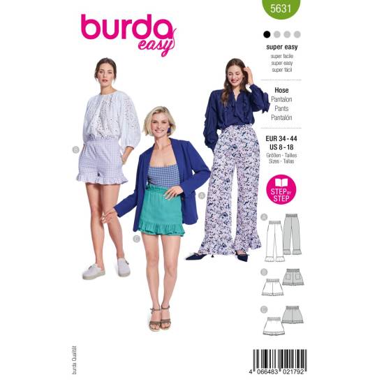 Trousers + shorts with ruffles | BURDA | Gr: 34-44 | Level: 1