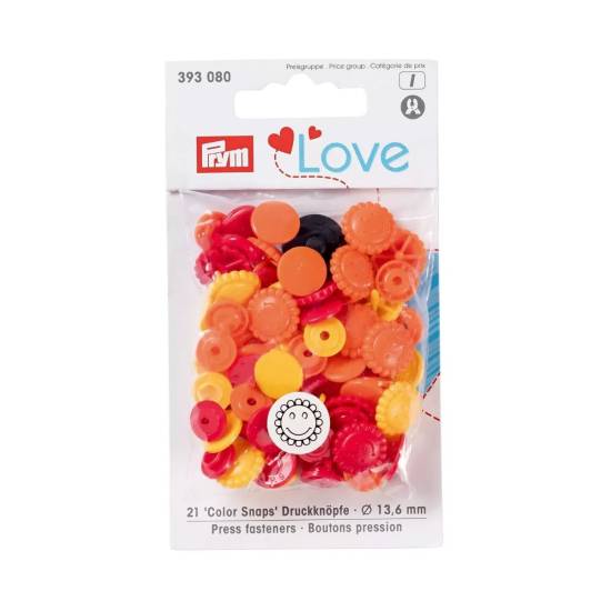 Colour snap fastener, Prym Love, flower, 13.6mm, yellow/red/orange