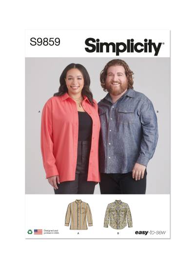 Simplicity Schnittmuster Hemdbluse für Damen + Herren Langarm #9859.AA Gr. 36-44 / 44-52