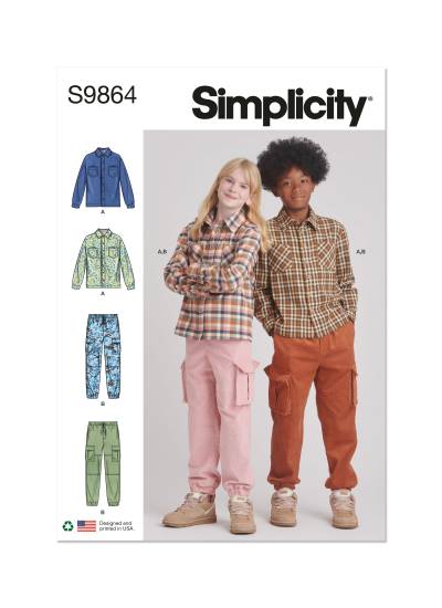 Simplicity Schnittmuster-Set Kinder Langarmhemd mit aufgesetzten Brusttaschen + Cargohose #9864.A Gr. 7-14 Jahre
