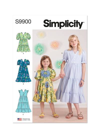 Simplicity Schnittmuster-Set Mädchen Hemdblusenrüschenkleider mit V-Ausschnitt #9900.K5 Gr. 7-14 Jahre